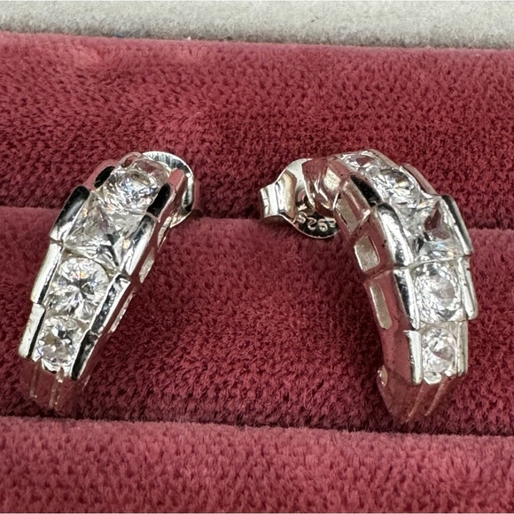 Sparkly Rhodium Plated CZ Half Hoop Huggie Earrings - Pierced - Picture 9 of 12